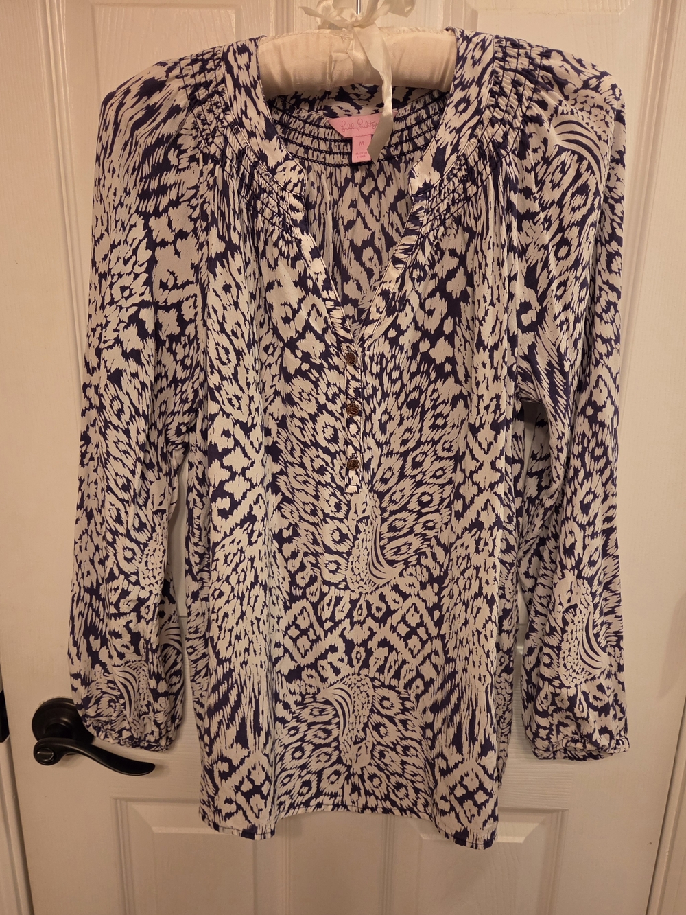 Lilly Pulitzer "Elsa" Silk Navy & White Pineapple Print V-Neck Blouse